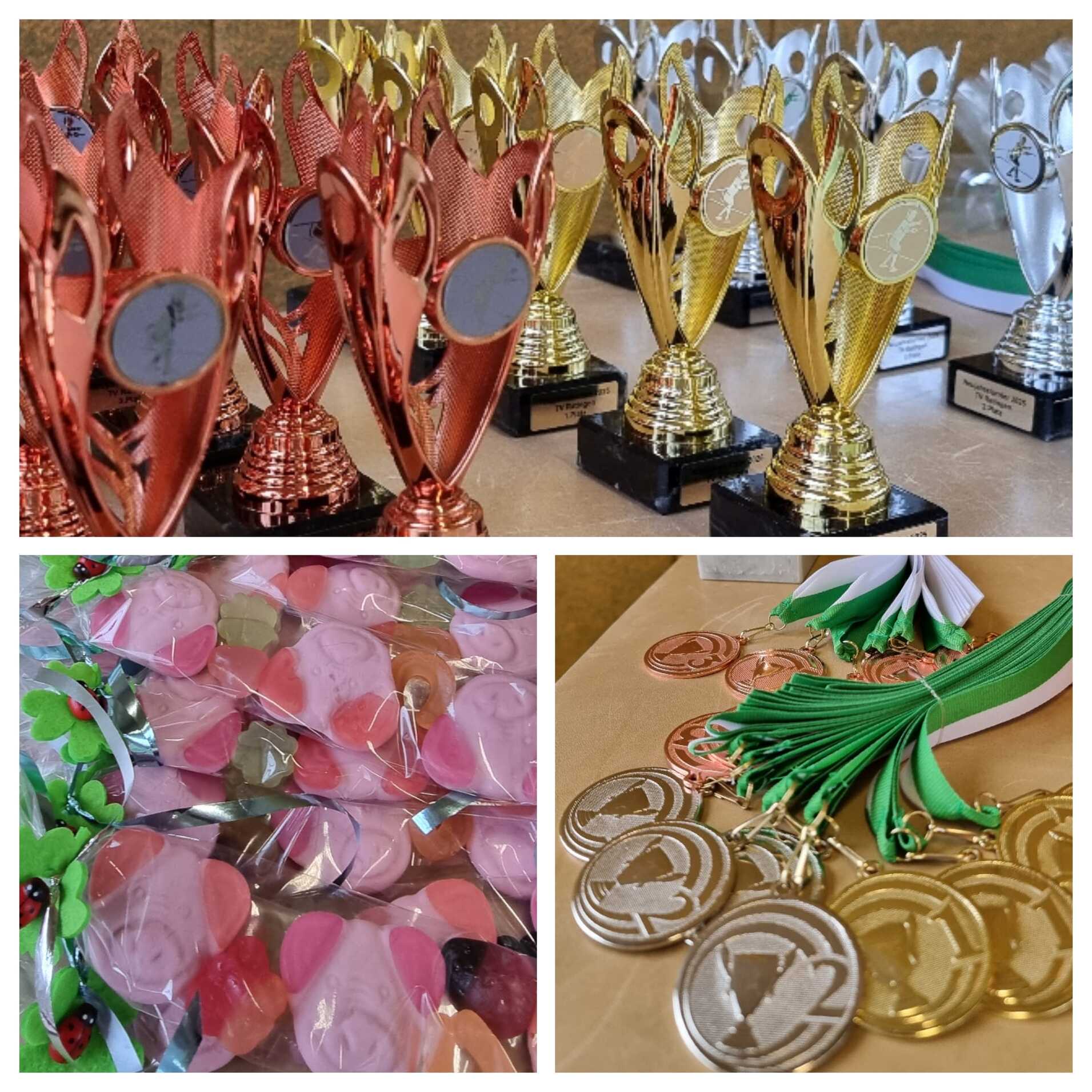 Trophäen in Gold, Silber und Bronze sowie Medaillen und bunte Süßigkeiten auf einem Tisch.