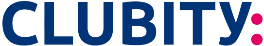 Logo von CLUBITY in blauer Schrift mit pinkem Punkt am Ende auf hellgreyem Hintergrund.