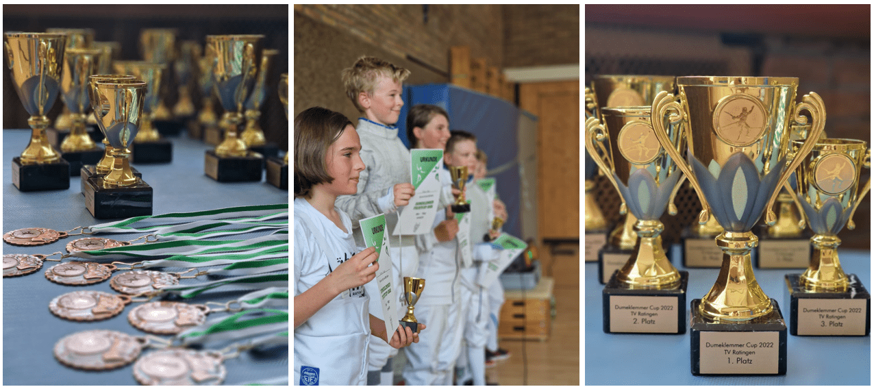 Gold- und Silberpokale sowie Medaillen für einen Wettkampf, im Hintergrund Kinder bei der Siegerehrung mit Urkunden.