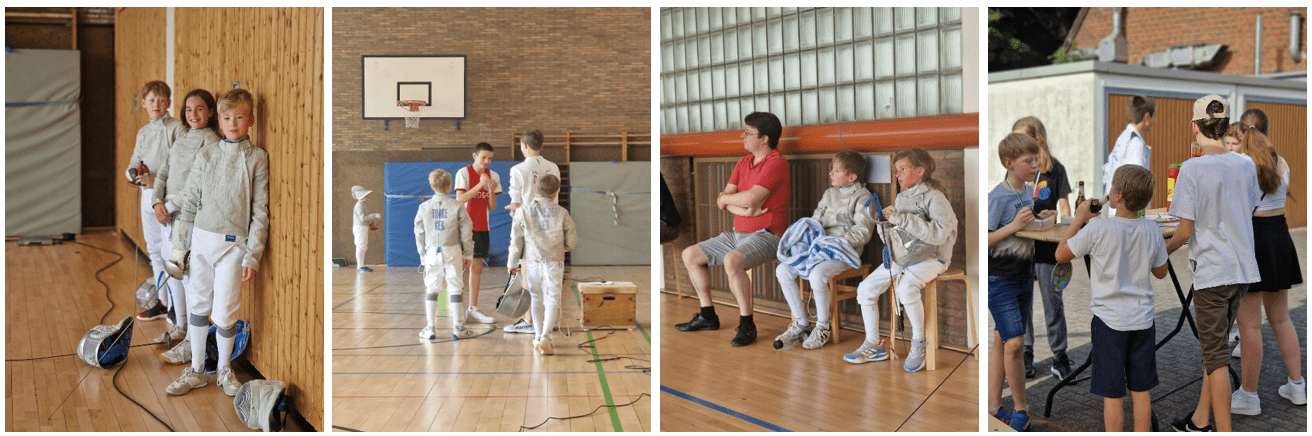 Drei Kinder in Fechtausrüstung stehen in einer Sporthalle, während andere im Hintergrund trainieren und spielen.
