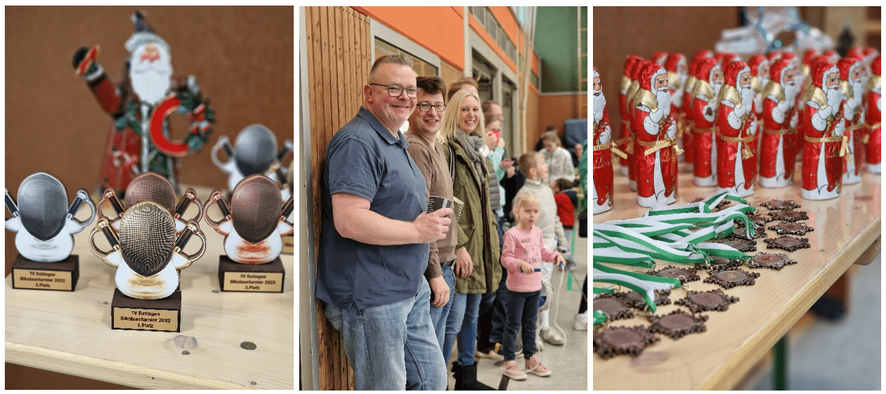 Trophäen und Medaillen auf einem Tisch, mit Teilnehmern in einer Sporthalle und Weihnachtsfiguren im Hintergrund.