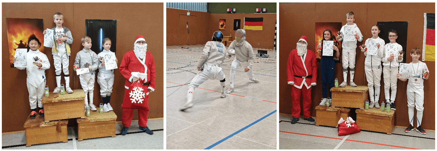 Gruppenfoto von jungen Fechtern mit Medaillen und Urkunden auf Podesten, neben thematisch dekoriertem Weihnachtsmann.