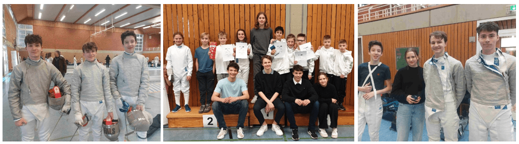 Drei Bilder von Jugendfechtern in Sportkleidung und mit Auszeichnungen in einer Turnhalle.