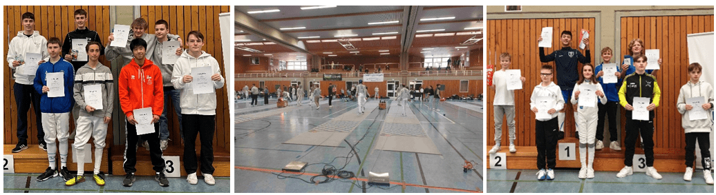 Drei Bilder von einem Fechtturnier: Medaillengewinner, Wettkampfumfeld und Siegerpose mit Urkunden.