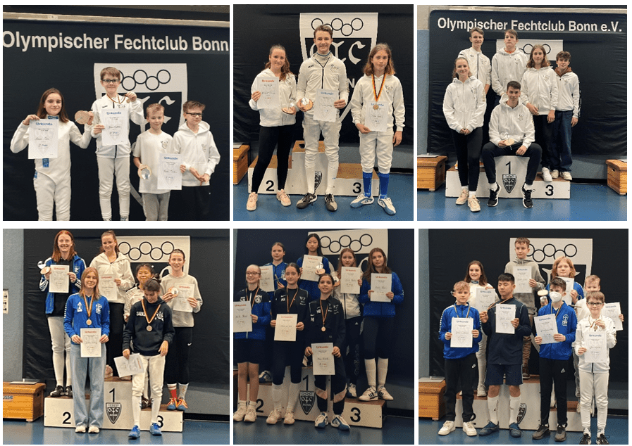Gruppenfoto von Fechtern mit Medaillen und Urkunden auf Podesten beim Wettkampf im Olympischen Fechtclub Bonn.