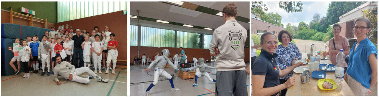 Gruppenbild von vielen Kindern in Sportkleidung mit Trainern in einer Turnhalle, umgeben von Sportgeräten.