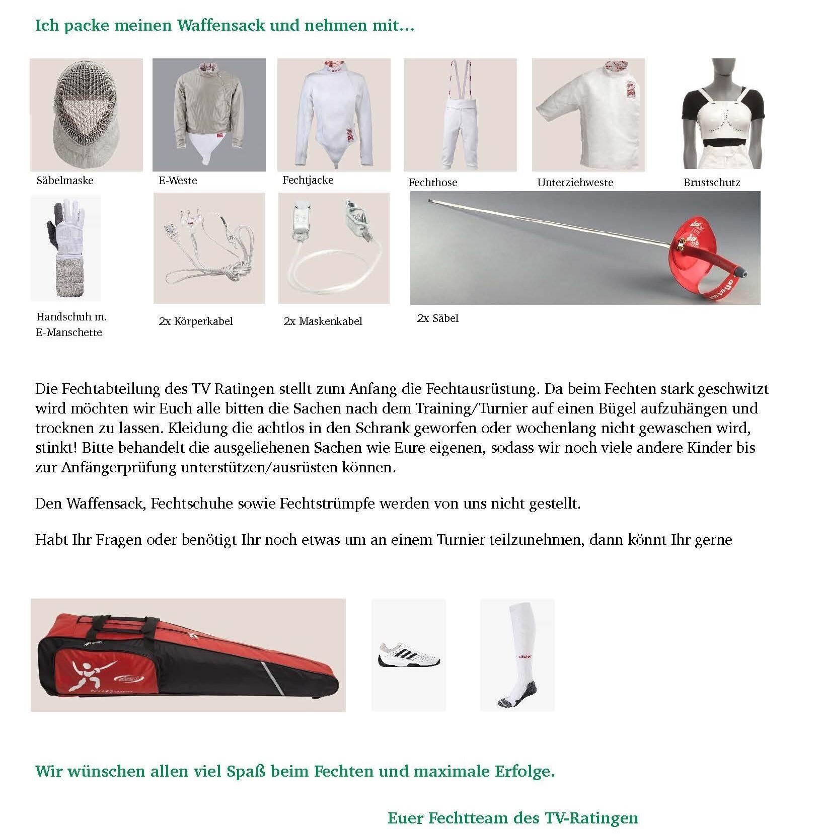 Bild zeigt eine &Uuml;bersicht von Fechtausr&uuml;stungen: Maske, Weste, Jacke, Hose, Handschuh, S&auml;bel und Zubeh&ouml;r in einem Waffensack.