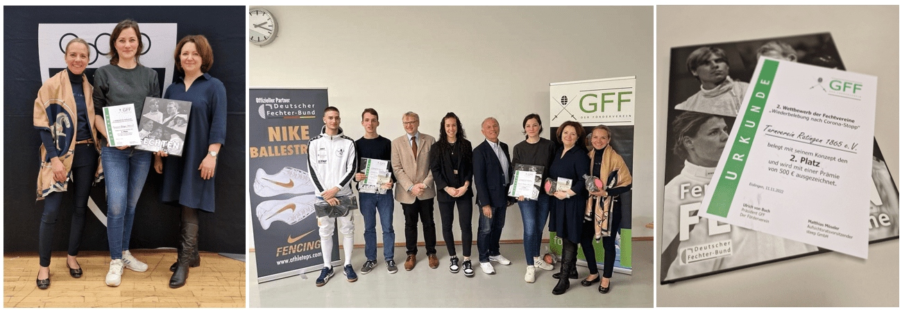 Gruppenfoto von Fechtvereinsvertretern mit Urkunden und Auszeichnungen an einem Wettbewerb. Im Hintergrund Banner und Plakate.