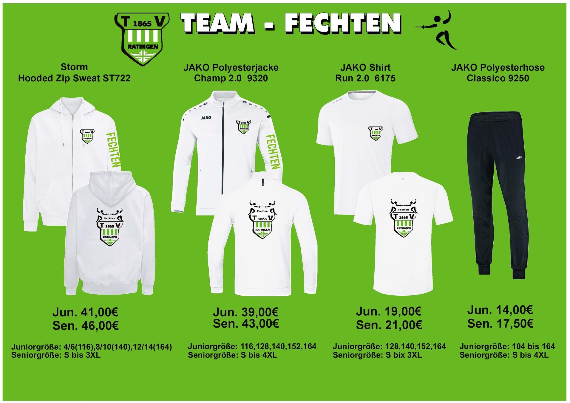 Kategorisierte &Uuml;bersicht von Sportbekleidung f&uuml;r eine Fechtgruppe in Wei&szlig; auf gr&uuml;nem Hintergrund, Preise und Gr&ouml;&szlig;en angegeben.