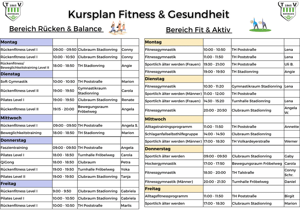 Kursplan für Fitness- und Gesundheitsangebote in den Bereichen Rücken, Balance, Fit und Aktiv.