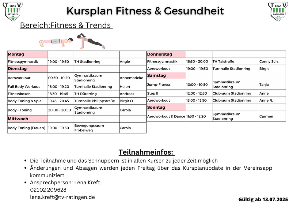 Kursplan für Fitness und Gesundheit mit Terminen und Informationen zu Angeboten von Montag bis Sonntag.