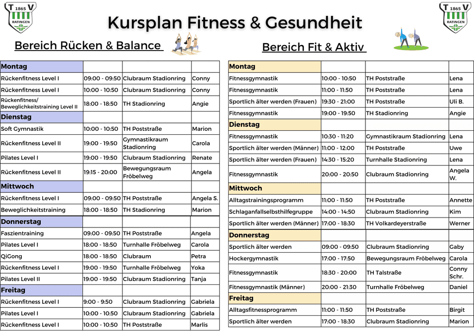Kursplan f&uuml;r Fitness und Gesundheit mit Angeboten f&uuml;r R&uuml;cken, Balance, Fit und Aktiv aufgelistet nach Wochentagen.