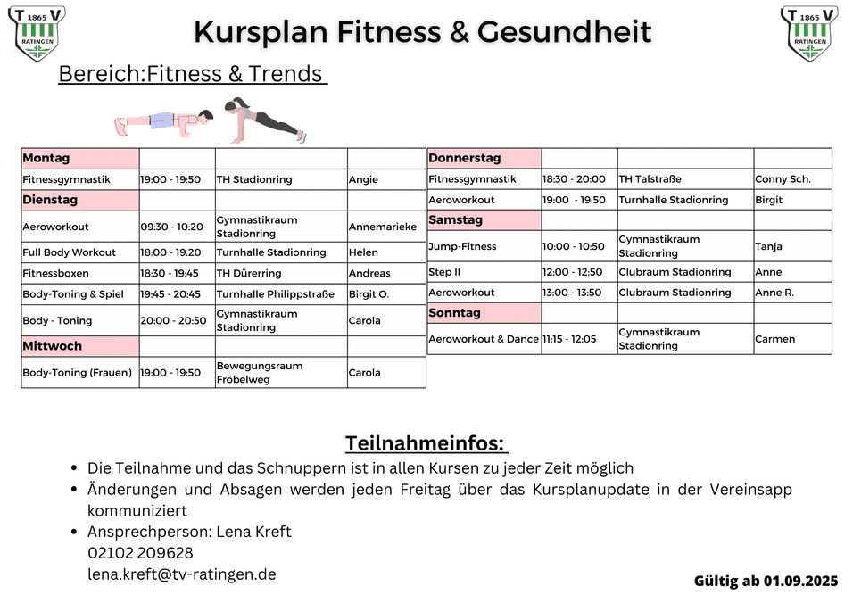 Kursplan f&uuml;r Fitness und Gesundheit mit w&ouml;chentlichen Angeboten und Ansprechpartnern. G&uuml;ltig ab 01.09.2025.