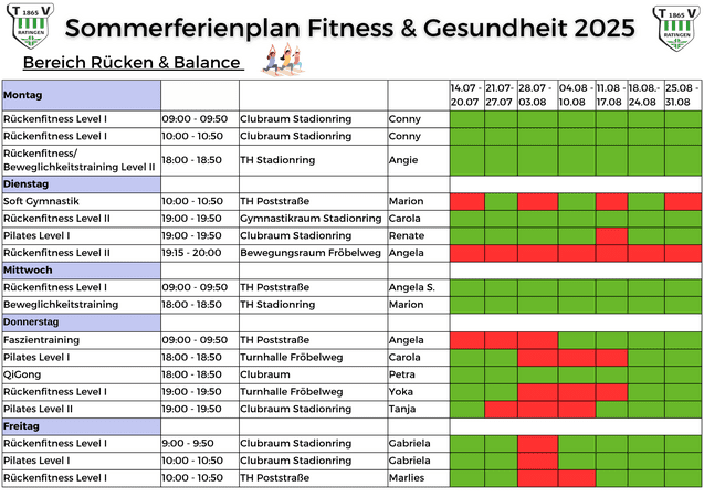 Sommerferienplan für Fitness- und Gesundheitskurse 2025 im Bereich Rücken und Balance, Übersicht mit Terminen.