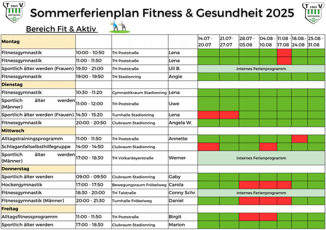 Übersichtlicher Sommerferienplan für Fitness & Gesundheit 2025 mit Kurszeiten und Veranstaltungsorten.
