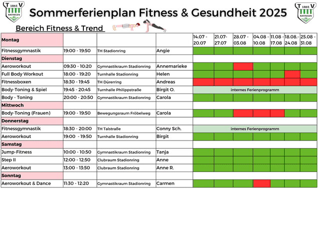 Sommerferienplan 2025 für Fitness und Gesundheit mit Kursen, Zeiten und Raumnamen in Tabellenform.