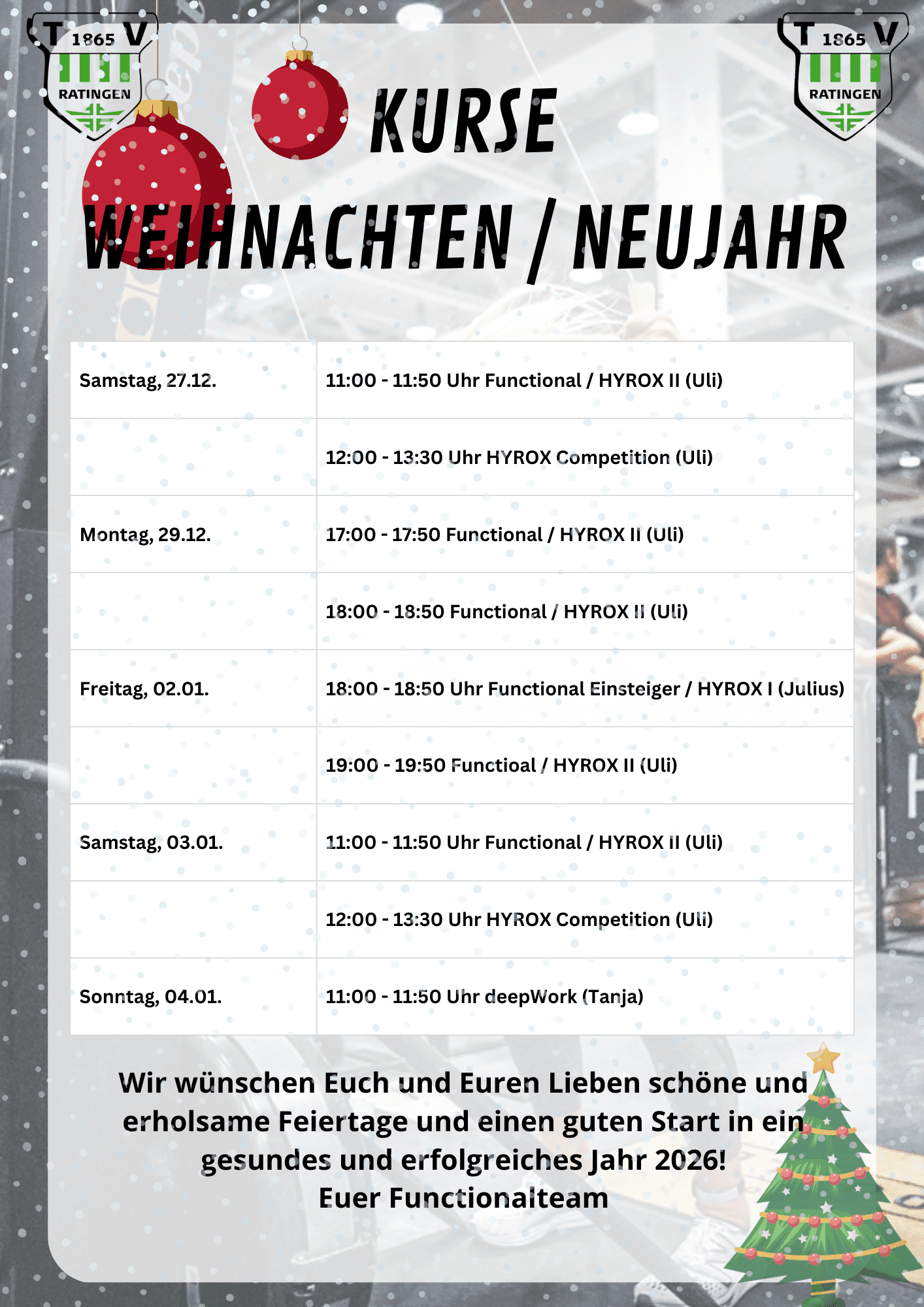 Anzeige der Kurse &uuml;ber Weihnachten und Neujahr mit Terminen und Gr&uuml;&szlig;en des Funktionsteams in festlicher Gestaltung.