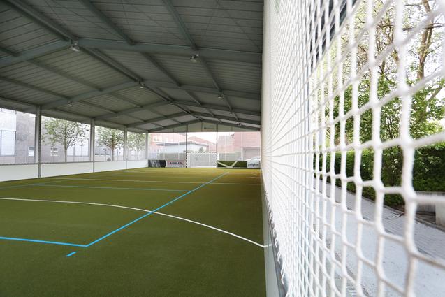 Innenansicht eines Sportplatzes mit Kunstrasen, umgeben von einem Netz und großen Fenstern. Im Hintergrund steht ein Tor.