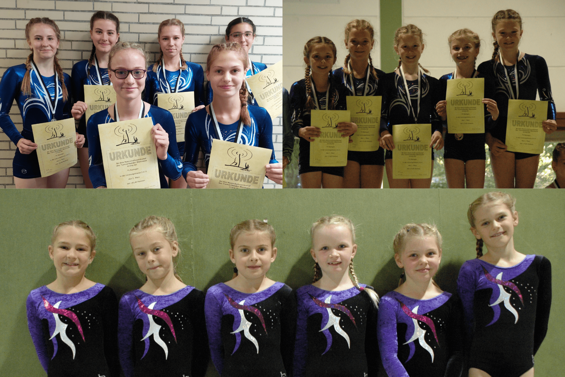 Zwei Gruppen junger Turnerinnen in blauen und lila Anzügen halten Urkunden nach einem Wettkampf.