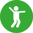 Gr&uuml;ne Ikone eines stilisierten Menschen, der in einer dynamischen Pose tanzt oder sich bewegt.