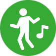 Icon eines tanzenden Menschen mit Noten auf gr&uuml;nem Hintergrund.