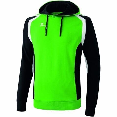 Grüne Kapuzenjacke mit schwarzen und weißen Akzenten, vorne mit Kängurutasche und Tunnelzugkapuze.