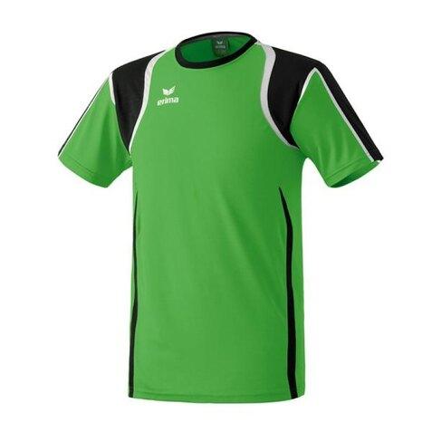 Grünes Sport-T-Shirt mit schwarzen und weißen Akzenten, zur Präsentation auf neutralem Hintergrund.