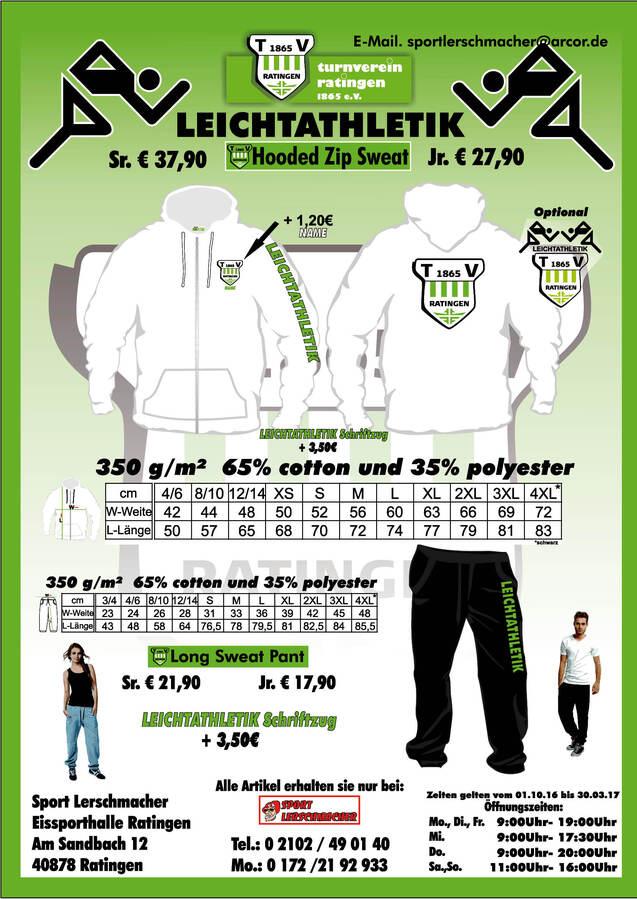 Grafik für Leichtathletik-Bekleidung mit Preisen, Größen und Kontaktinformationen für Sport Lerschmacher in Ratingen.