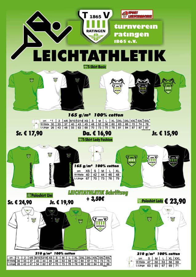 Grafik mit T-Shirt- und Poloshirt-Angeboten des Turnvereins Ratingen 1865, einschließlich Größen und Preisen.
