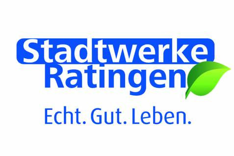 Logo der Stadtwerke Ratingen mit Slogan "Echt. Gut. Leben." in blauer Schrift und grünem Blattmotiv.