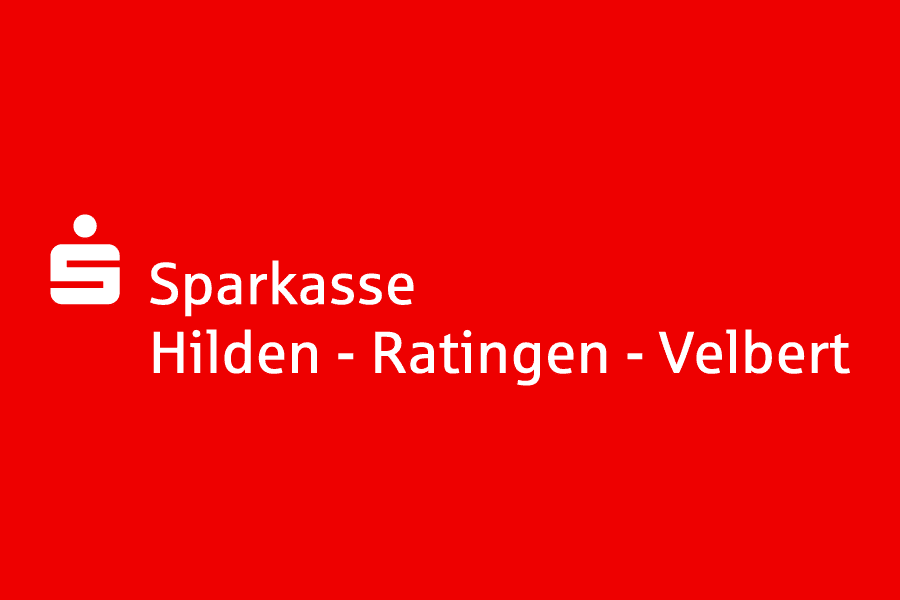 Logo der Sparkasse auf rotem Hintergrund mit den Schriftz&uuml;gen: &bdquo;Sparkasse Hilden - Ratingen - Velbert&ldquo;.