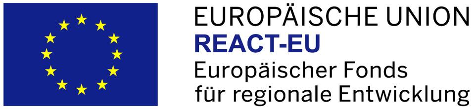 Logo der Europ&auml;ischen Union mit Sternenkranz und dem Schriftzug &bdquo;REACT-EU &ndash; Europ&auml;ischer Fonds f&uuml;r regionale Entwicklung&ldquo;.