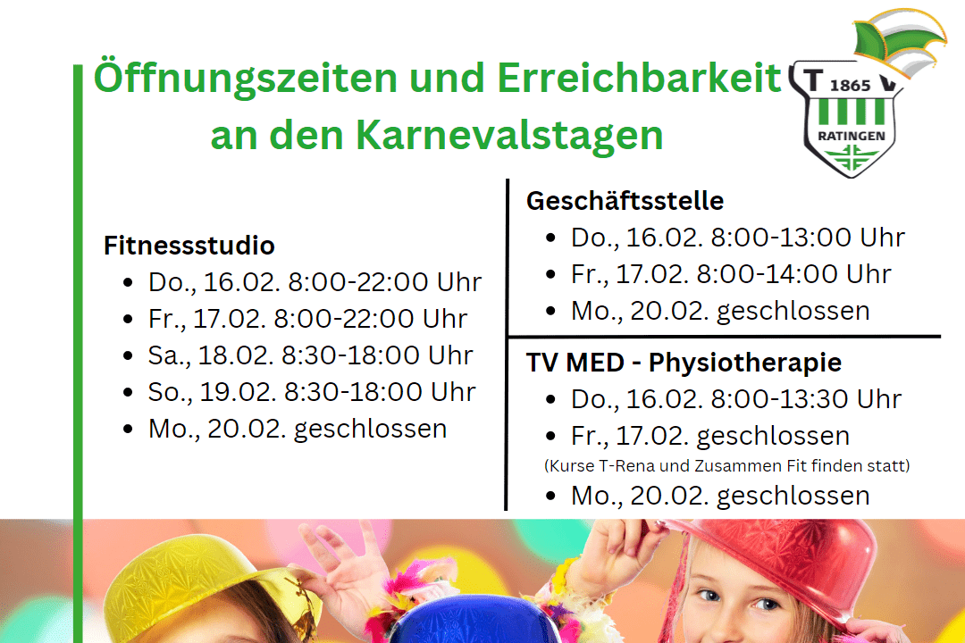 Öffnungszeiten zu Karneval mit bunten Hüten und zwei lachenden Kindern in Kostümen. Info-Tabelle im Hintergrund.
