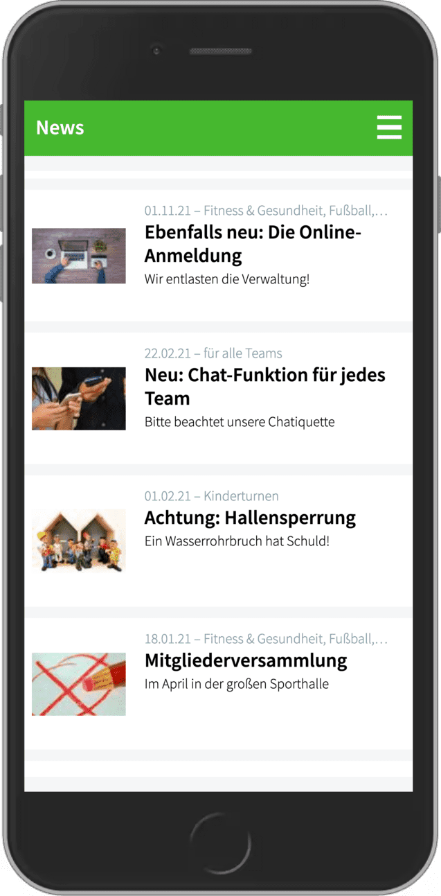 Screenshot einer mobilen App mit Nachrichten zu Veranstaltungen, Anmeldungen und Updates f&uuml;r Teams und Mitglieder.