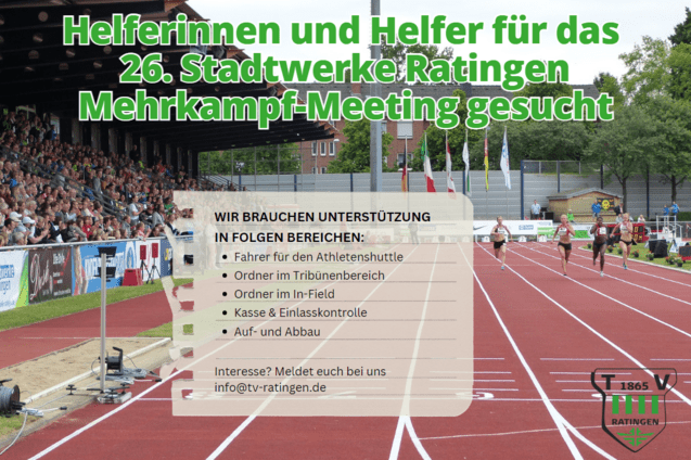 Plakat f&uuml;r das 26. Stadtsport-Meeting in Ratingen mit Aufruf zur Helfersuche und Bildern von L&auml;uferinnen auf der Bahn.