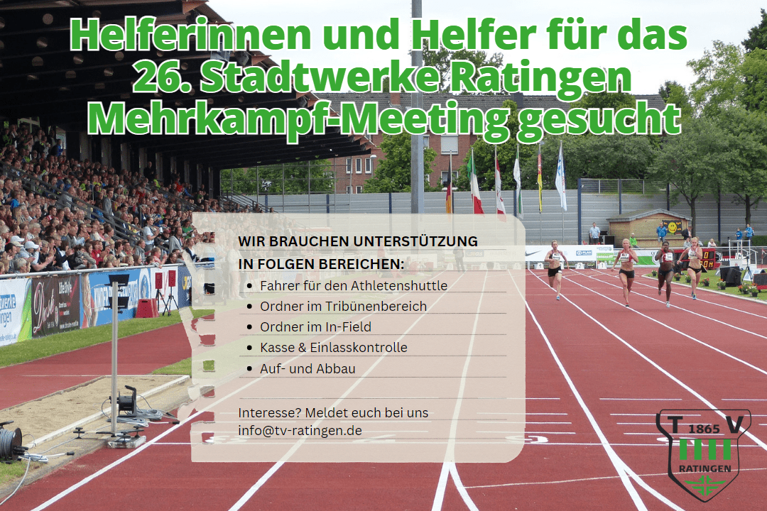 Plakat für das 26. Stadtsport-Meeting in Ratingen mit Aufruf zur Helfersuche und Bildern von Läuferinnen auf der Bahn.