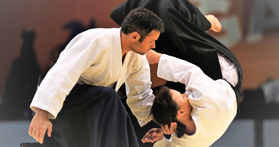 Zwei Partner in weißen und schwarzen Kampfanzügen üben eine Technik im Aikido mit einer Hebelbewegung.