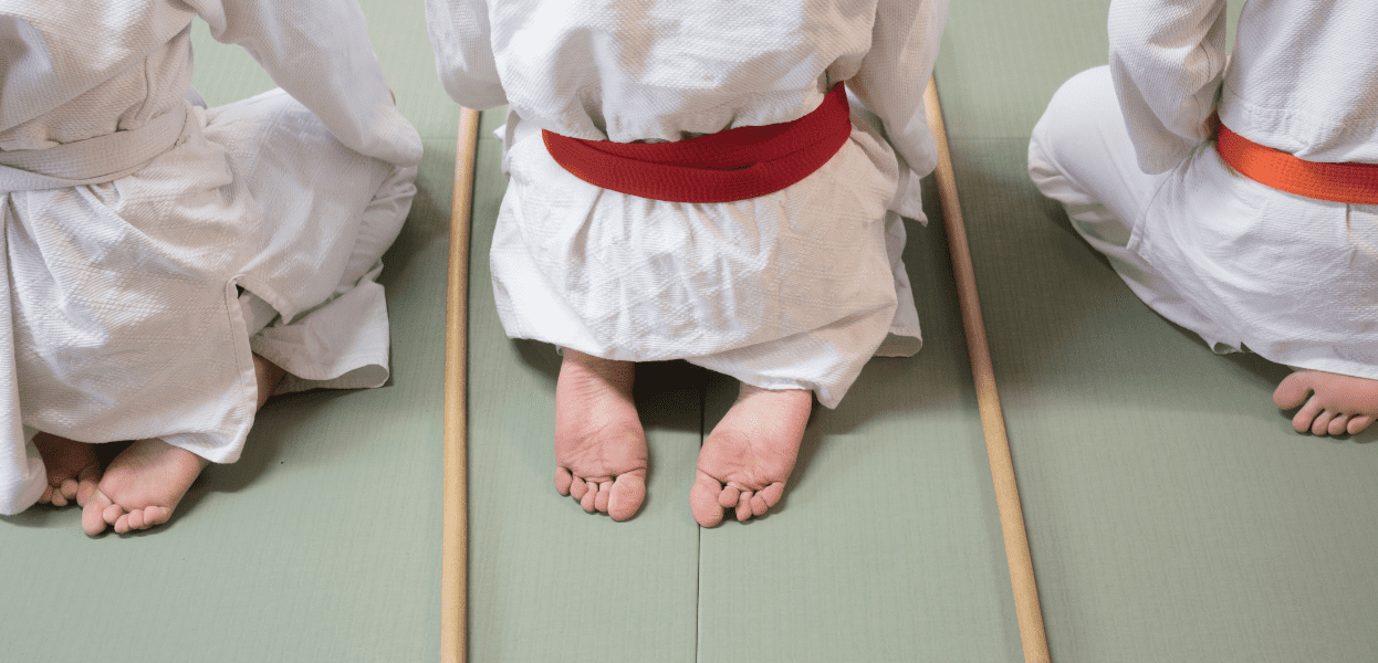 Drei Personen in weißen Judogis knien auf einem Tatami, jeweils mit unterschiedlichen Gürtelfarben.