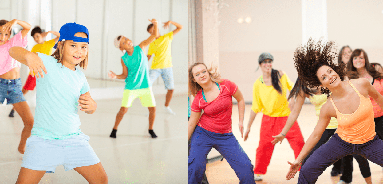 Gruppe von Tänzern in bunter Kleidung zeigt verschiedene Tanzbewegungen in einem lichtdurchfluteten Raum.