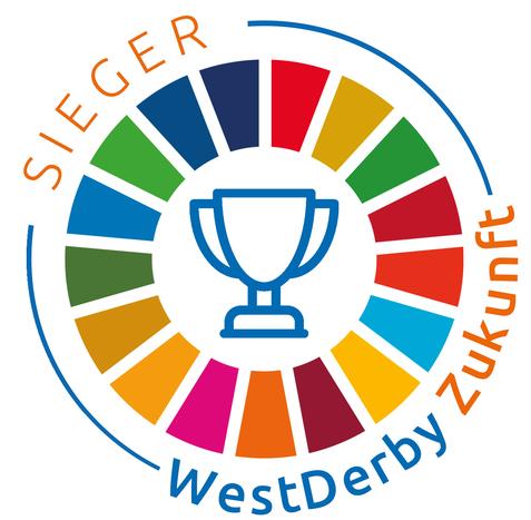 Logo mit einem Pokal in der Mitte, umgeben von bunten Segmenten und den Texten "SIEGER" und "WestDerby Zukunft".