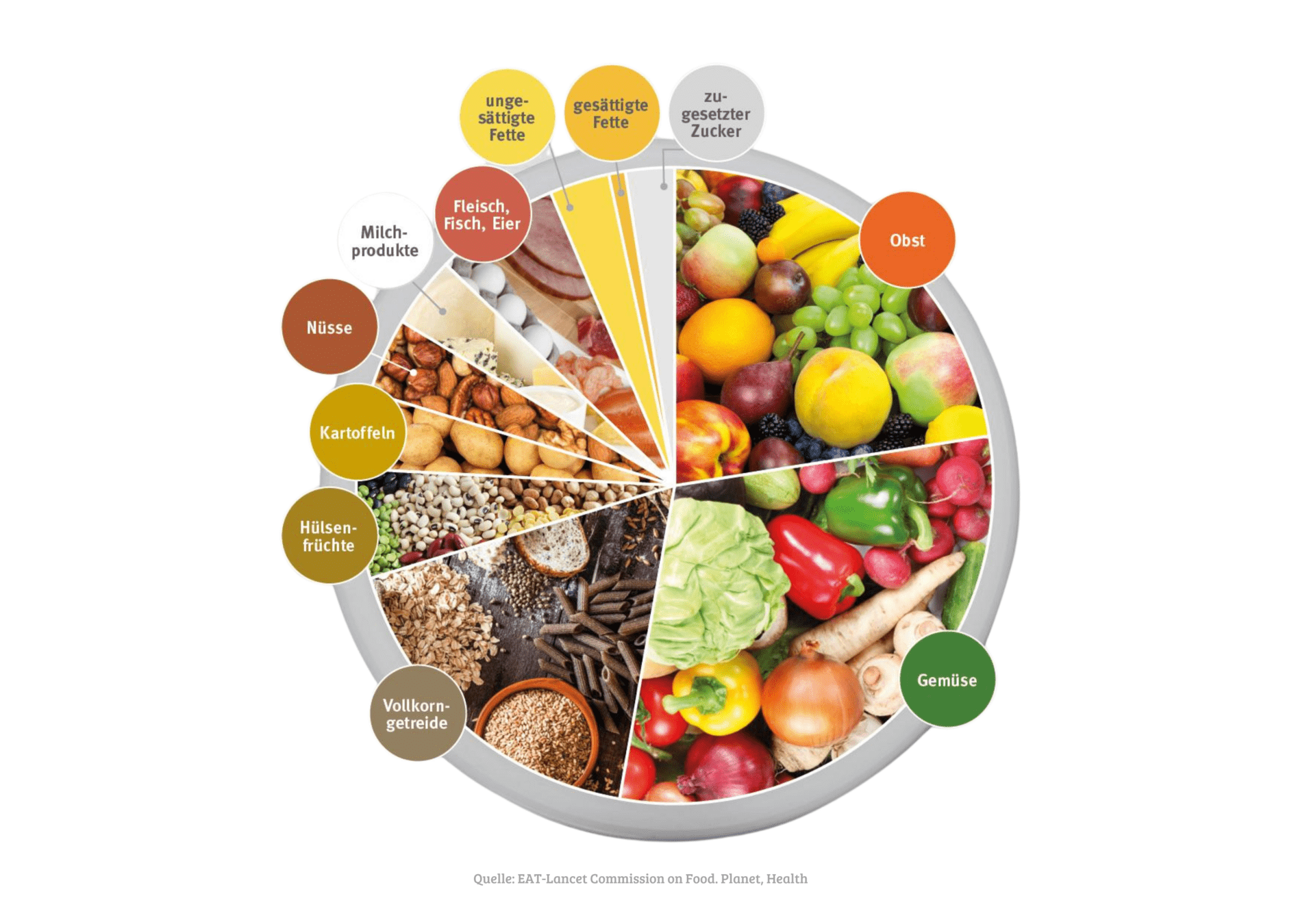 Diagramm einer ausgewogenen Ernährung mit verschiedenen Lebensmittelgruppen: Obst, Gemüse, Nüsse, Hülsenfrüchte, Vollkorn, Milchprodukte.