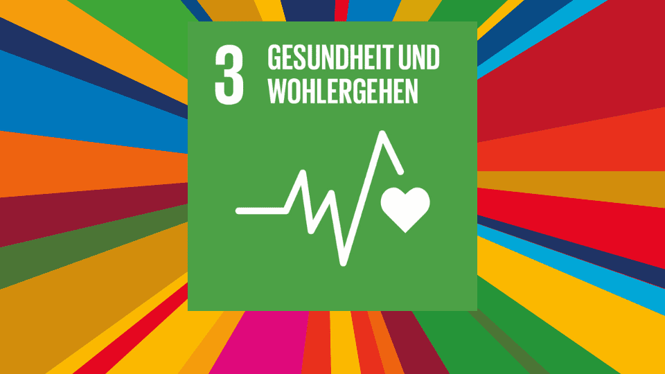 Icon f&uuml;r Ziel 3: Gesundheit und Wohlbefinden, gr&uuml;ne Fl&auml;che mit Herzschlag und Herzsymbol, umgeben von bunten Strahlen.