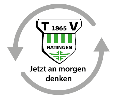 Logo des TV Ratingen 1865 mit dem Slogan &bdquo;Jetzt an morgen denken&ldquo; und einer kreisf&ouml;rmigen Pfeilgrafik.