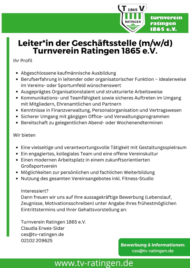 Stellenanzeige für die Position Leiter*in der Geschäftsstelle beim Turnverein Ratingen 1865 e.V. mit Anforderungen und Angeboten.