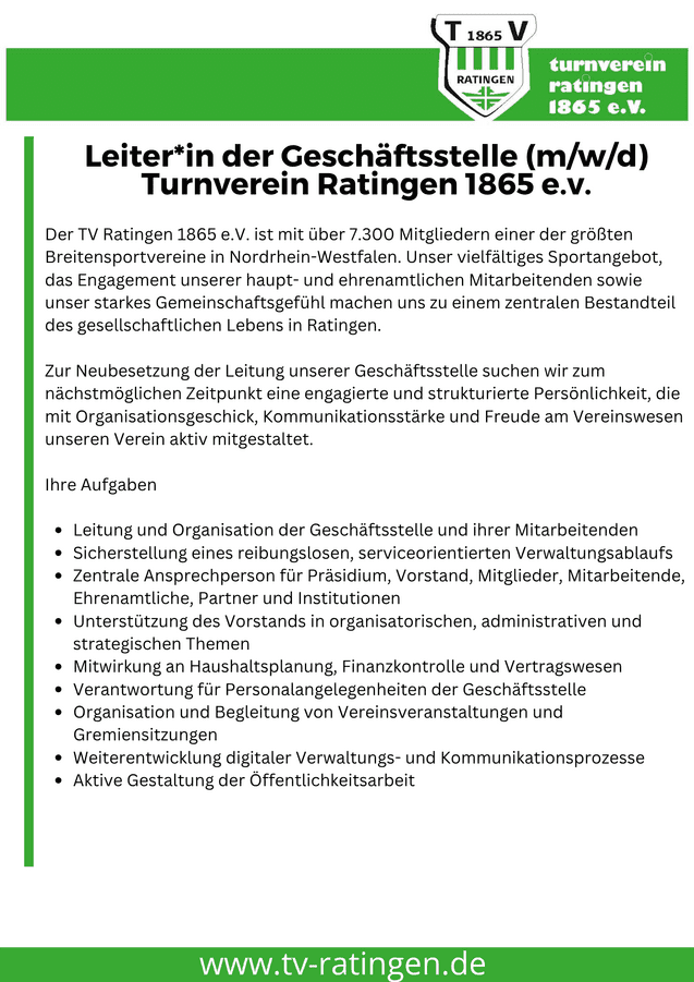 Stellenanzeige für die Leitung der Geschäftsstelle beim Turnverein Ratingen 1865 e.V. mit Aufgabenbeschreibung.
