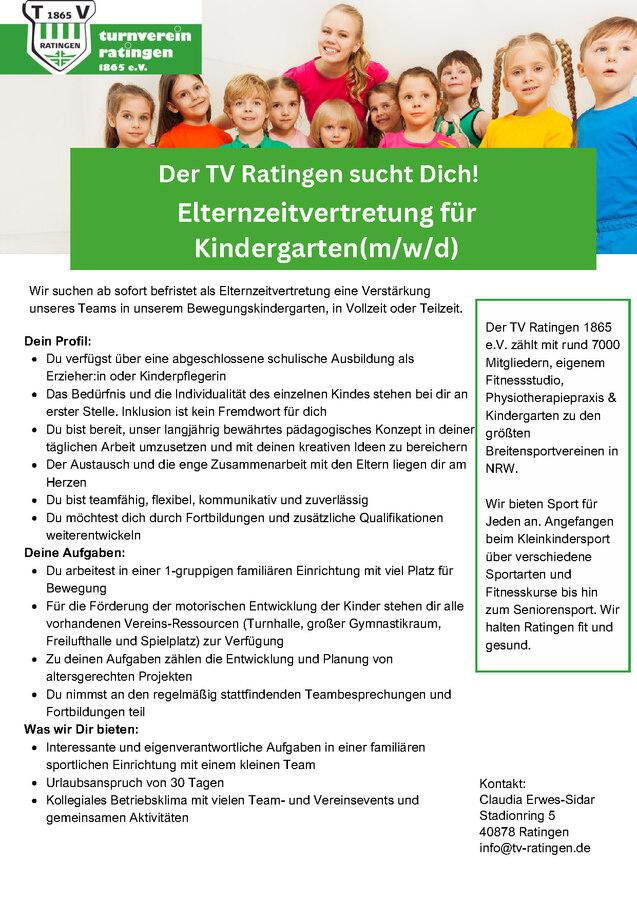 Gruppenfoto von Kindern und Betreuern in einem Kindergarten, umgeben von Informationen zur Stellenanzeige.