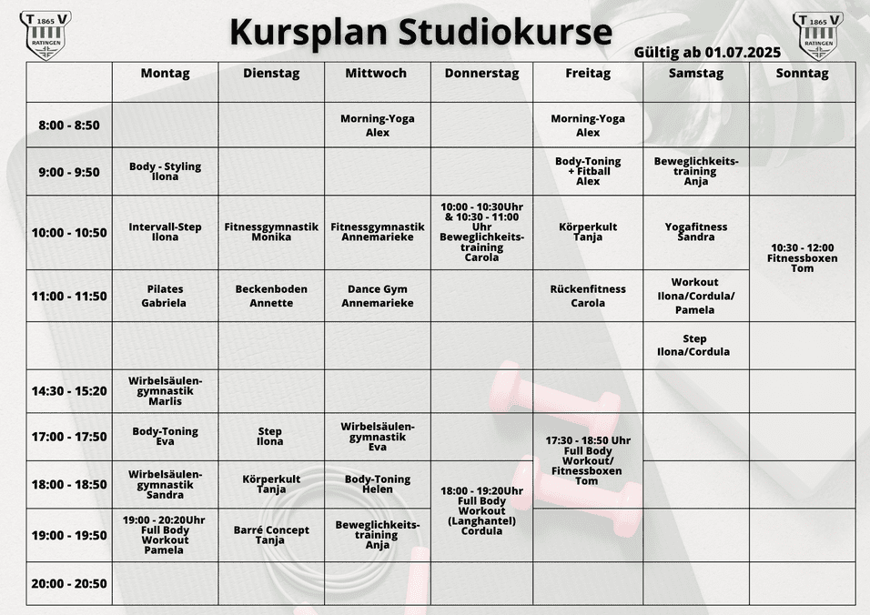 Kursplan f&uuml;r Studiokurse mit Stunden und Dozenten, g&uuml;ltig ab 01.07.2025.