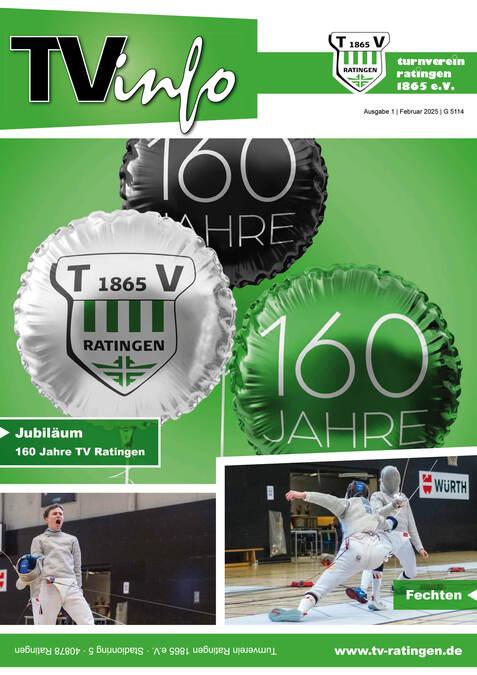 Zwei Luftballons mit den Aufschriften &bdquo;160 Jahre&ldquo; und &bdquo;TV Ratingen 1865&ldquo; vor gr&uuml;nem Hintergrund, um Jubil&auml;um zu feiern.