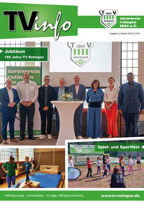 Gruppierung von sechs Personen in festlicher Kleidung steht an einem wei&szlig;en Tisch bei der Jubil&auml;umsfeier des TV Ratingen.