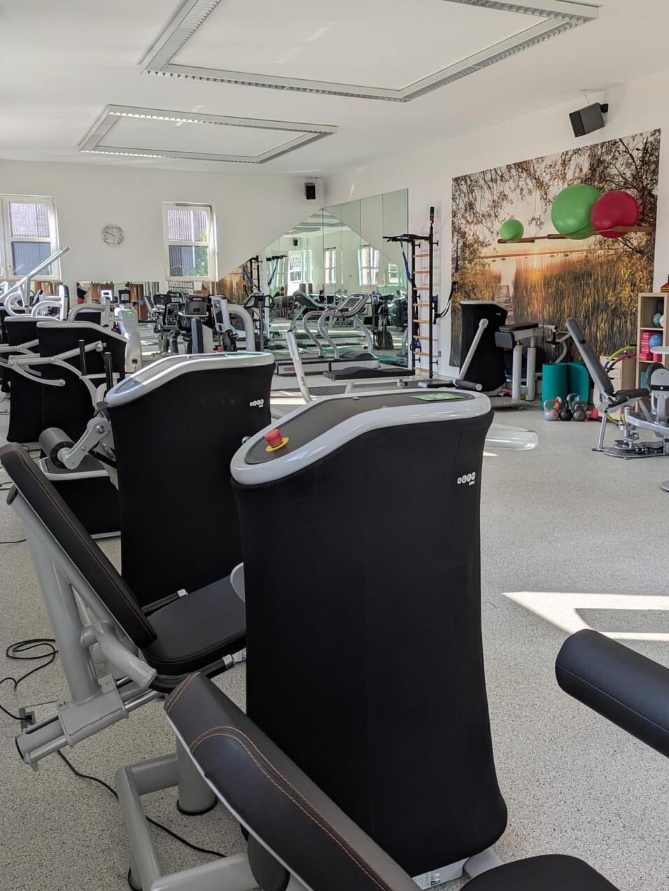 Fitnessraum mit Trainingsgeräten, großen Spiegeln und bunten Bällen an der Wand in einem hellen, modernen Ambiente.